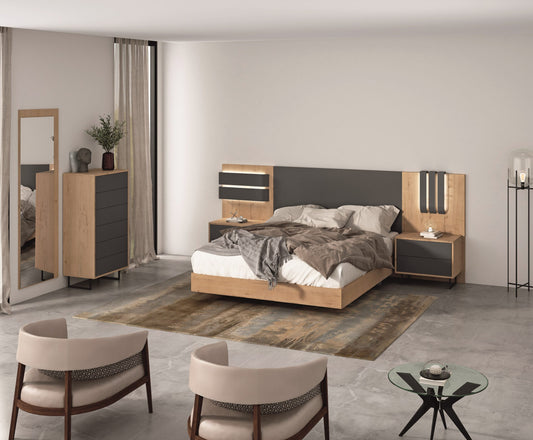 Cabecero Y Cama gris con mesitas integradas madera - Modelo Carina
