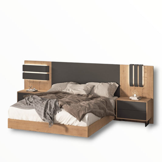 Cabecero Y Cama gris con mesitas integradas madera - Modelo Carina