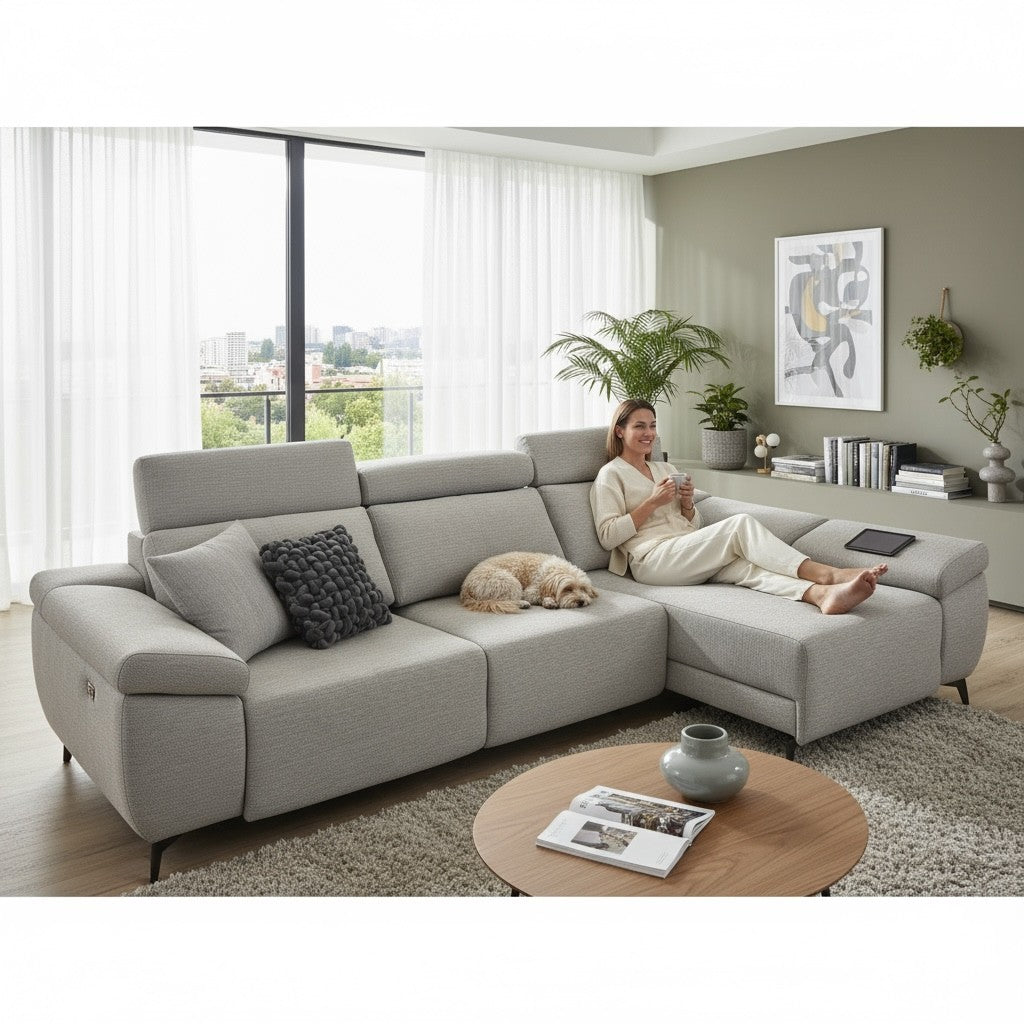 Sofá Chaiselongue Tela Gris - Modelo Victoria