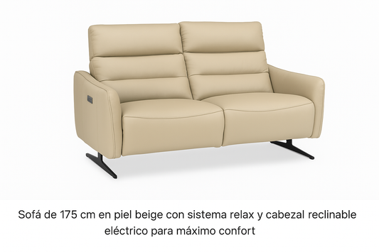 Sofá 2 plazas relax eléctrico piel beige Colonia con cabezal reclinable