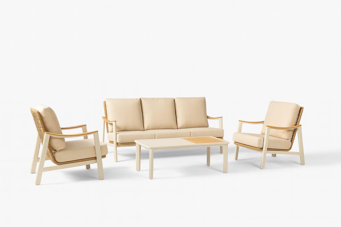 Set de exterior en aluminio beige con cuerda de ratán sintética