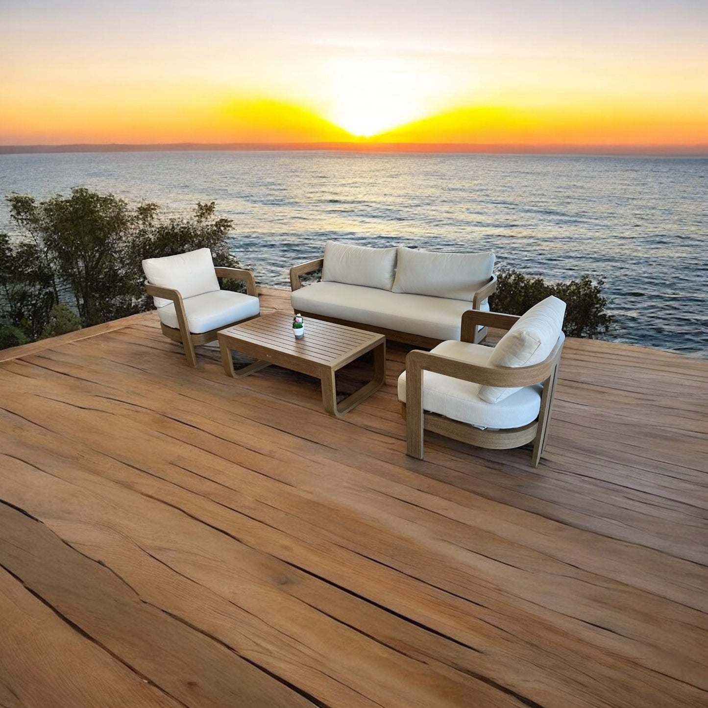 Set Terraza Tapizado Beige Madera - Modelo Córcega