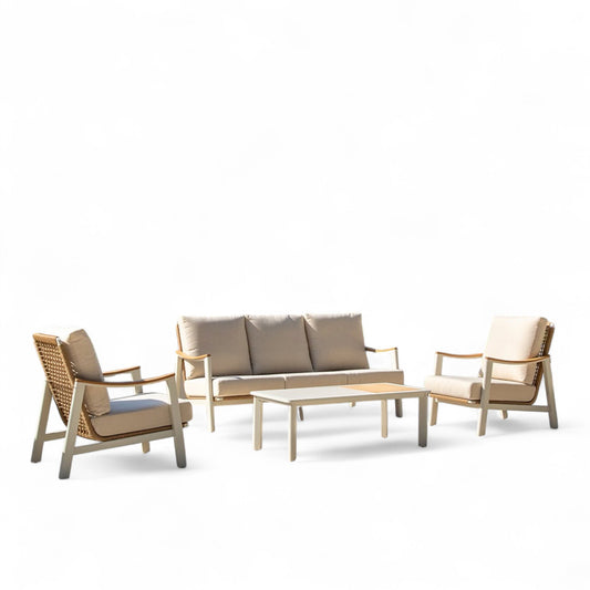 Set de exterior en aluminio beige con cuerda de ratán sintética